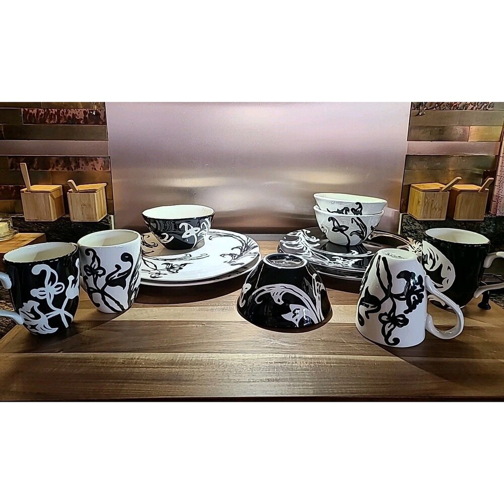 Dine By HD Designs   12” Dinner  Set Black With White Scroll 12 Pcs Used As Prop
